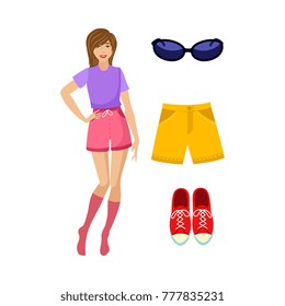 vector flat cute young girl and summer outfit set. Summer yellow shorts, sunglasses and red sneakers. Fashionable trendy style female clothing. Isolated illustration on a white background.