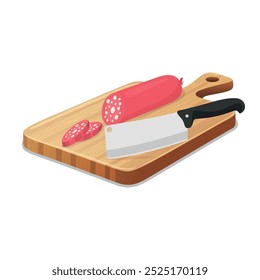 Placa de corte plana vetor com linguiça fatiada e faca Chefs. Ilustração de estilo colorido de desenhos animados de salsicha com faca de açougueiro. Mesa de corte de carne plana, fatias de salsicha e design de faca