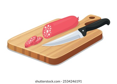 Placa de corte plana vetor com linguiça fatiada e faca Chefs. Ilustração de estilo colorido de desenhos animados de salsicha com faca de açougueiro. Mesa de corte de carne plana, fatias de salsicha e design de faca