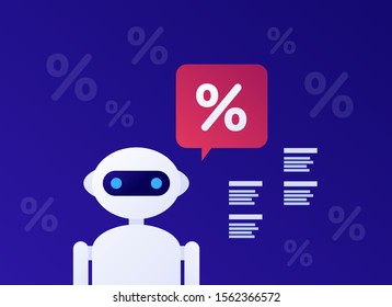Vector flat cyber monday horizontal banner template. Android head with discount talk bubble on dark blue background. Sale shopping concept. Design element for poster, web, card, backdrop.