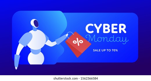 Vector flat cyber monday horizontal top banner template. Cyborg holding discount sign bag and text on fluid blue background. Sale shopping concept. Design element for poster, web, card, backdrop.