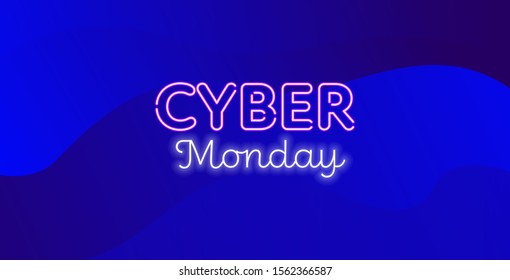 Vector flat cyber monday horizontal neon banner template. Glowing light text on wavy blue background. Sale shopping concept. Design element for poster, web, card, backdrop.