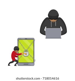 vector flat cyber theft set. Man sitting in front of laptop, hacking security system, Bandit hacking smartphone protected by lock chain, opening it by key . Isolated illustration on white background.