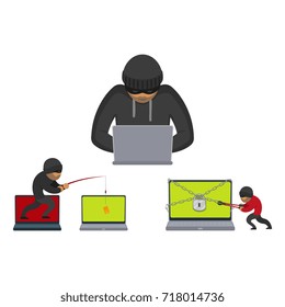 vector flat cyber theft set. Hacker stealing card from private laptop by fishing rod, Bandit cutting chain, lock which protects laptop with bolt cutter. Isolated illustration on white background.
