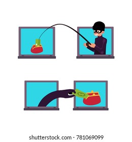 vector flat cyber theft set. Hacker stealing dollar money banknote by fishing rod from red wallet, bandit hand in black glove stealing money from laptop. Isolated illustration on white background.