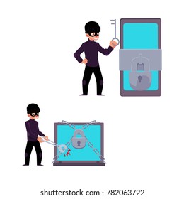 vector flat cyber theft set. Man in mask sitting hacking smartphone protected by lock, holding key, hacker breaking chain protecting laptop by bolt cutter. Isolated illustration on a white background.