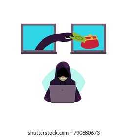 vector flat cyber theft set. Hacker hand stealing dollar money banknote from red wallet in laptop, bandit in mask hacking private data, security system. Isolated illustration on white background.