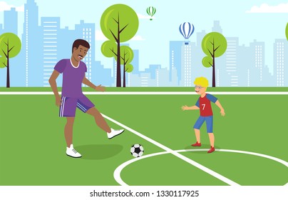 Vector Flat Dad Playing with Son on Playground Football. Teaches Coached African American in Blue Uniform Running Around Field. Family Leisure Active Lifestyle Healthy Lifestyle with Whole Family.