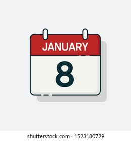Vector flat daily calendar icon. Day , month , 8 January