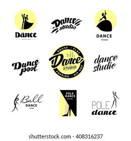 Vector Flat Dance Studio Logo. Dancing People Icon. Human Portrait. Stamp. Human Figure. Dancing Lady. Ballet, Pole Dance. Ball Room Dancing School Insignia. Modern Street Dance.