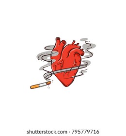 Vector flat danger, harm, risk of smoking concept icon. Human heart in smoke from cigarette. Nicotine addiction, cancer disease, social advertisement design, isolated illustration white background