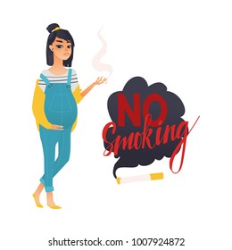 Vector flat danger, risk of smoking concept icon. Smoking pregnant young woman, girl with cigarette, no smoking sign. Nicotine addiction, cancer disease, social advertisement design illustration