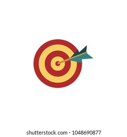 Vector flat darts target dashboard icon with arrow in center bull eye. Sport competition, business success, achievement strategy and accuracy concept. Isolated illustration on a white background