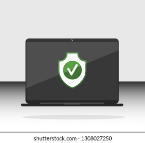 Vector flat data cecurity, security ON, shield on personal computer, laptop. Can use for printing, website, presentation element. For app demo on phone or web.