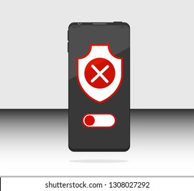 Vector flat data cecurity, security OFF, shield on smartphone, mobile, phone, cell phone. Can use for printing, website, presentation element. For app demo on phone or web.
