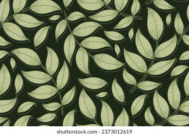 Vector flat decorative twig with green leaves, seamless pattern, plant branch in sketch style.