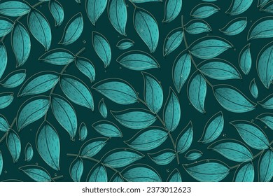 Vector flat decorative twig with green leaves, seamless pattern, plant branch in sketch style.