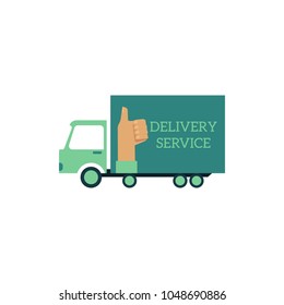 Vector flat delivery vehicle with delivery service advertising with thumbs up hand icon. Shipping logistics cargo transport, car truck or van. Isolated illustration on a white background