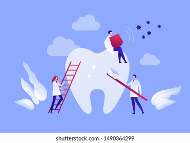 Vector Flat Dentist Doctor Illustration. Group Of Medic Protect And Cleaning Teeth Isolated On White. Concept Of Dental Ill Diagnosis. Design Element For Poster, Flyer, Card, Banner