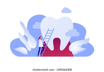 Vector flat dentist doctor illustration. Female on stairway and huge tooth background isolated on white. Concept of dental ill diagnosis. Design element for poster, flyer, card, banner