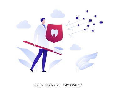 Vector plano dentista doctor ilustración. Héroe macho con cepillo de dientes para proteger de la caries aislado en blanco. Concepto de diagnóstico de enfermedad dental. Elemento de diseño para el cartel, volante, tarjeta, Anuncio