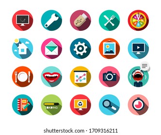 Vector Flat Design Application - Technology Icons Set in Colorful Circles Isolated on White Background