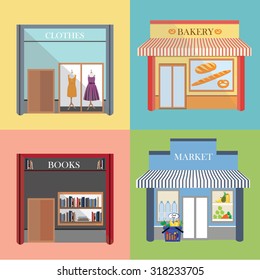 Vector flat design architecture detailed icons.  Facade with awning, book store, boutique, small bakery and grocery market. Small business icons with store facades
