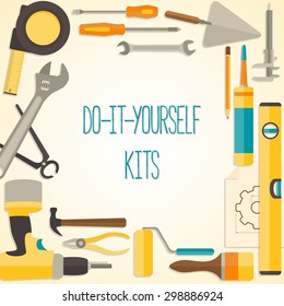 Vector flat design background with do-it-yourself tools for construction and home repair. Web banner concept