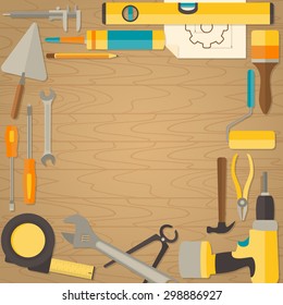 Vector flat design background with do-it-yourself tools for construction and home repair on wooden surface. Web banner concept