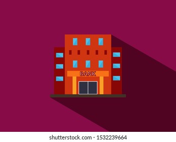 Vector Flat Design Bank. Bank Flat Design Icon With Long Shadow