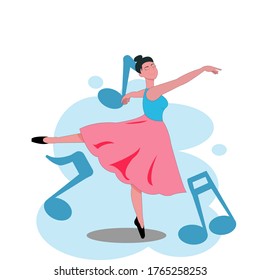 Vector flat design of beautiful girl is dancing ballet, wearing light blue sleeveless tops and pink flared skirt with blue music notes background,idea concept for relaxing or song card ,greeting .