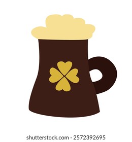 Vector flat design of a beer mug with frothy top and four-leaf clover, perfect for St. Patrick s Day celebrations