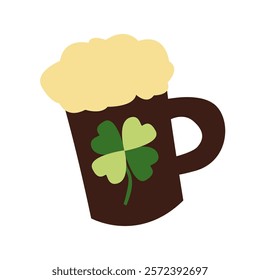 Vector flat design of a beer mug with frothy top and four-leaf clover, perfect for St. Patrick s Day celebrations