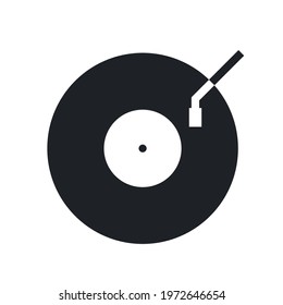 Vector flat design black filled style gramophone with record. Vinyl disc web icon.