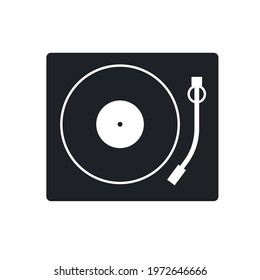 Vector flat design black filled style gramophone with record. Vinyl disc web icon.