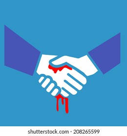 vector flat design bloody handshake business icon | white and red isolated pictogram illustration on blue background