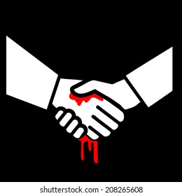 vector flat design bloody handshake business icon | white and red isolated pictogram illustration on black background