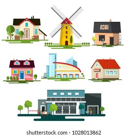 Vector Flat Design Buildings. Family House, Windmill and Modern Building Isolated on White Background.