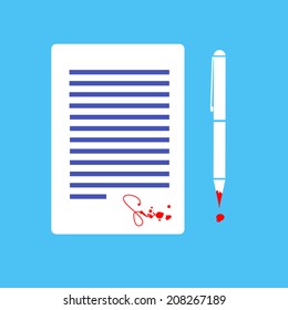 vector flat design business icon of contract with devil signed by blood white and red isolated pictogram illustration on blue background