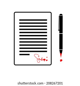 vector flat design business icon of contract with devil signed by blood black and red isolated pictogram illustration on white background