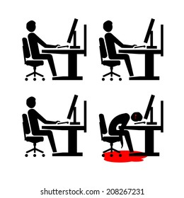 vector flat design business icon of suicide depressed and stressed employee in open space office | black isolated pictogram illustration on white background