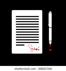vector flat design business icon of contract with devil signed by blood white adn red isolated pictogram illustration on black background