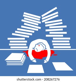 vector flat design business icon of depressed manager or employee killed by his job | white and red isolated pictogram illustration on blue background