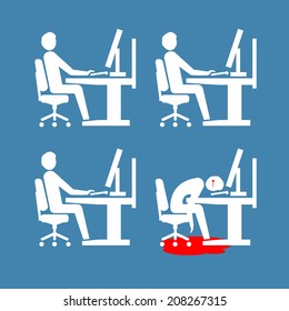 vector flat design business icon of suicide depressed and stressed employee in open space office | white isolated pictogram illustration on blue background