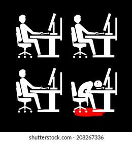vector flat design business icon of suicide depressed and stressed employee in open space office | white isolated pictogram illustration on black background