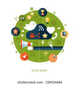 Vector flat design business illustration with social media composition