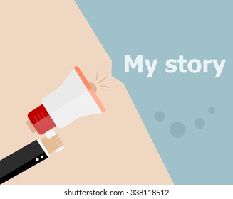 Vector Flat Design Business Illustration Concept. My Story. Digital Marketing Business Man Holding Megaphone For Website And Promotion Banners. 