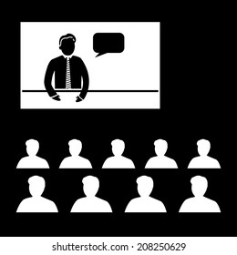vector flat design business online training conference icon | white isolated pictogram illustration on black background
