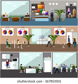 Vector flat design of business people or office workers. People having break. Business presentation and meeting. Office interior.