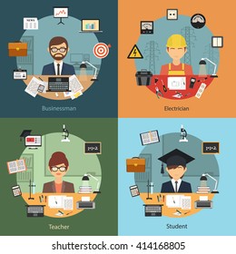 Vector flat design business professional people concept banner illustration with businessman teacher student and electrician